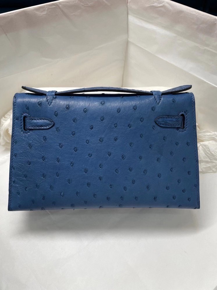 Hermes Mini Kelly Pochette 22cm Bag In Blue Thalassa Ostrich Leather